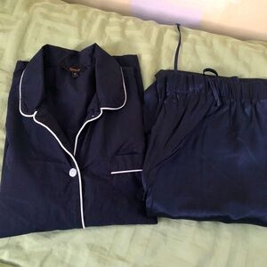 Quince Pajama PJs Cotton Top unknown brand real silk pants Navy w white piping S